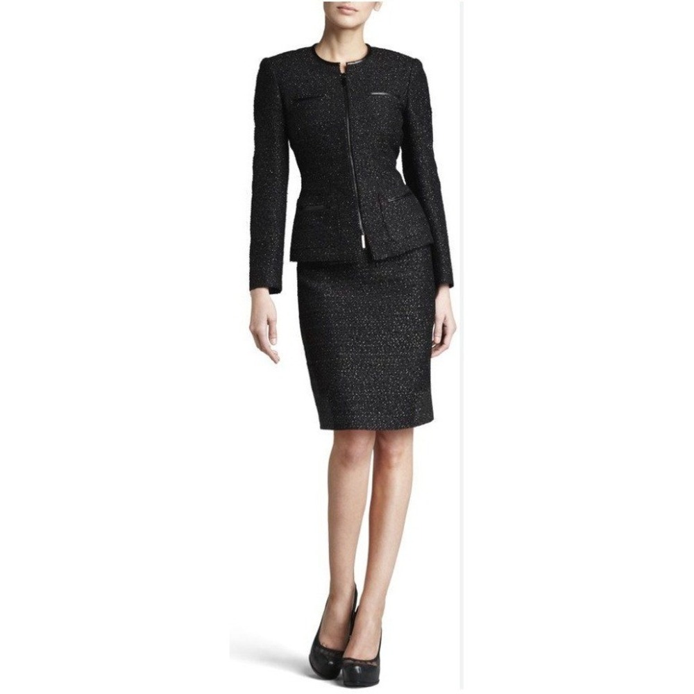Albert Nipon 3 Piece Suit Black Metallic Textured‎ Skirt Suit Set Jacket, 10